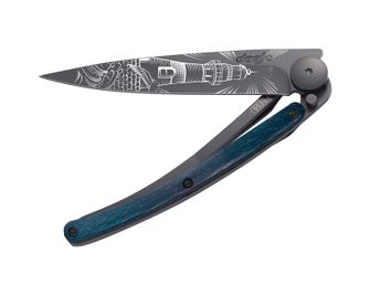 Deejo Coltello pieghevole Tattoo Faro nero blu faggio