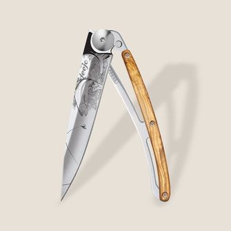 Coltello Deejo chiusura Tattoo Specchio legno d&#039;ulivo Trota