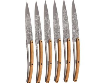 Deejo Tattoo set di 6 coltelli da bistecca grigio titanio legno d&#039;oliva Blossom