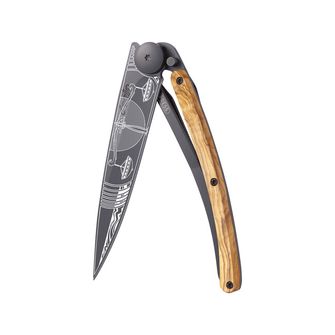 Coltello di chiusura Deejo Tattoo in legno d&#039;ulivo nero Libra