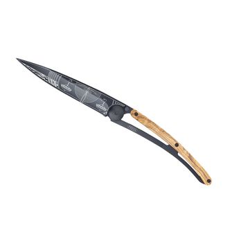 Coltello di chiusura Deejo Tattoo in legno d&#039;ulivo nero Libra