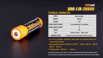 Fenix batteria ricaricabile USB 18650, 2600 mAh, Li-Ion