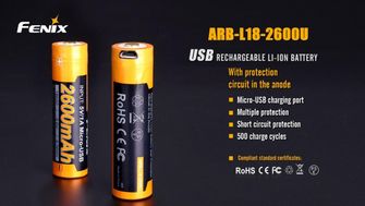 Fenix batteria ricaricabile USB 18650, 2600 mAh, Li-Ion