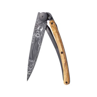 Coltello di chiusura Deejo Tattoo Legno d&#039;ulivo nero Virgo