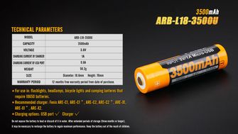 Fenix batteria ricaricabile USB 18650, 3500 mAh, Li-Ion