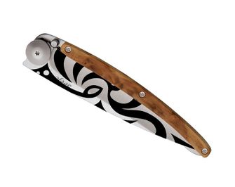 Coltello di chiusura Deejo Tattoo Tribale in legno di ginepro