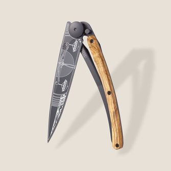 Coltello di chiusura Deejo Tattoo in legno d&#039;ulivo nero Libra