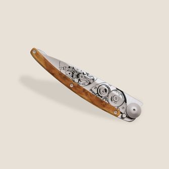 Coltello di chiusura Deejo Horlogéria legno di ginepro grigio titanio orologiaio