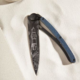 Deejo Coltello pieghevole Tattoo Faro nero blu faggio