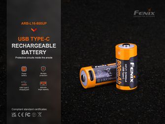 Batteria ricaricabile Fenix RCR123A 800 mAh USB-C Li-ion