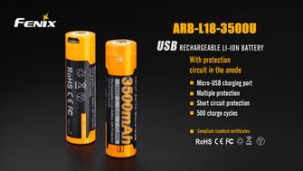 Fenix batteria ricaricabile USB 18650, 3500 mAh, Li-Ion