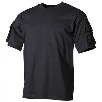 MFH US, nero, maglietta con tasche in velcro sulle maniche, 170g/m2