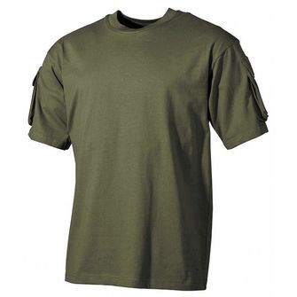 MFH US, olivová, maglietta con tasche in velcro sulle maniche, 170g/m2